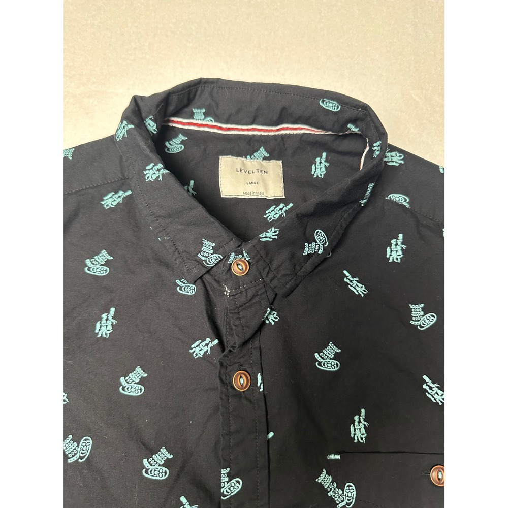 Levelten Mens Large Button Down Short Sleeve Black Cactus Print‎ Shirt